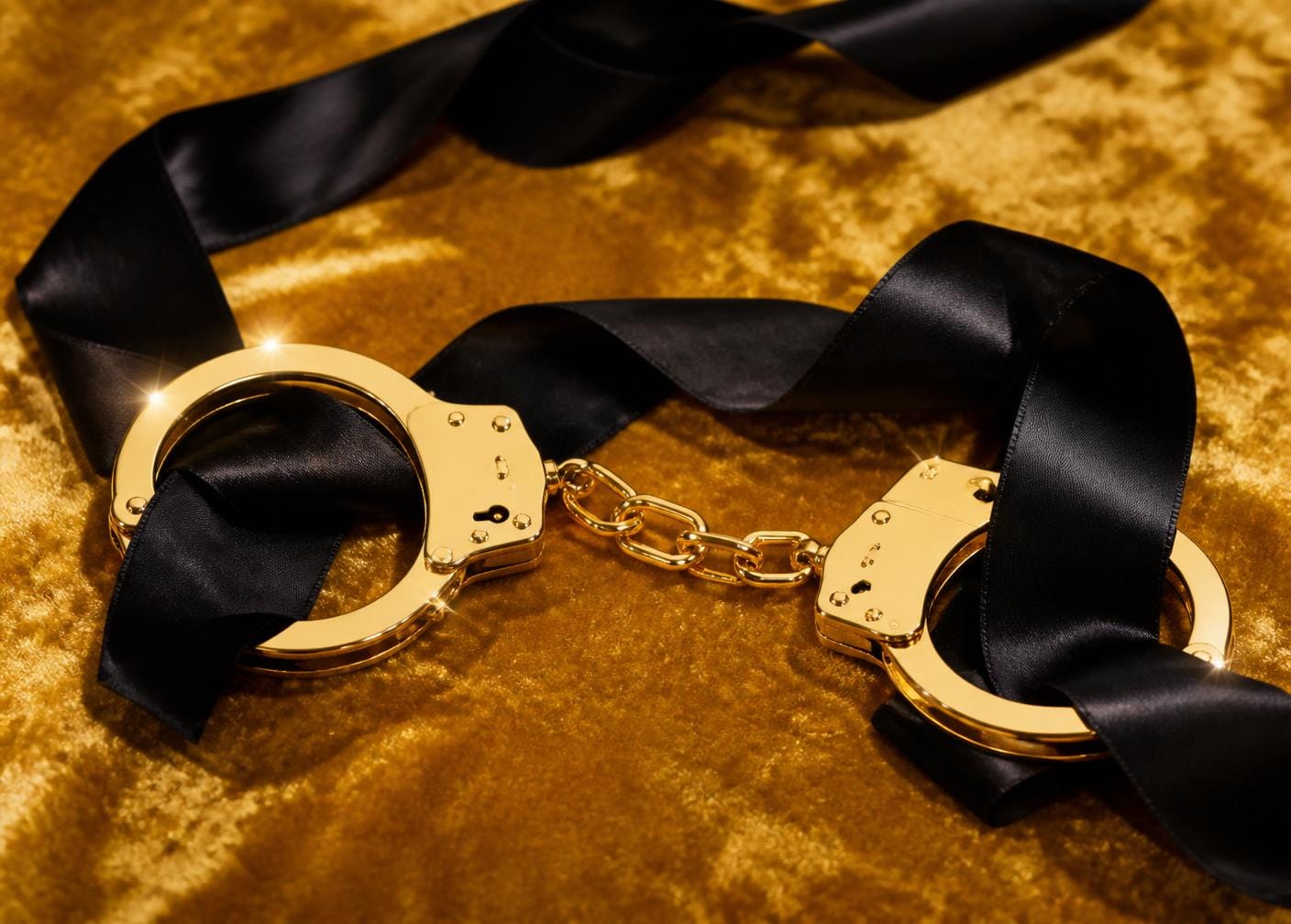 Vergoldete Handschellen mit Seidenband – High-Class Fetisch Escort