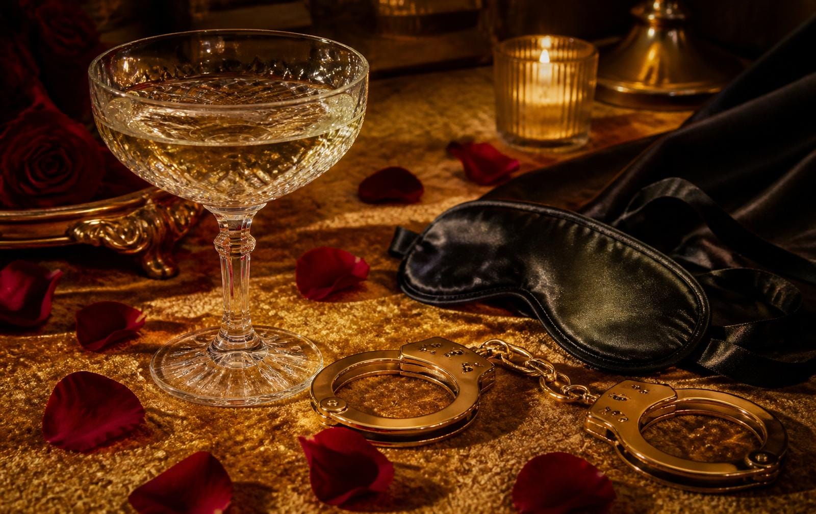 Champagner-Coupe, Rosenblüten und goldene Handschellen — Editorial