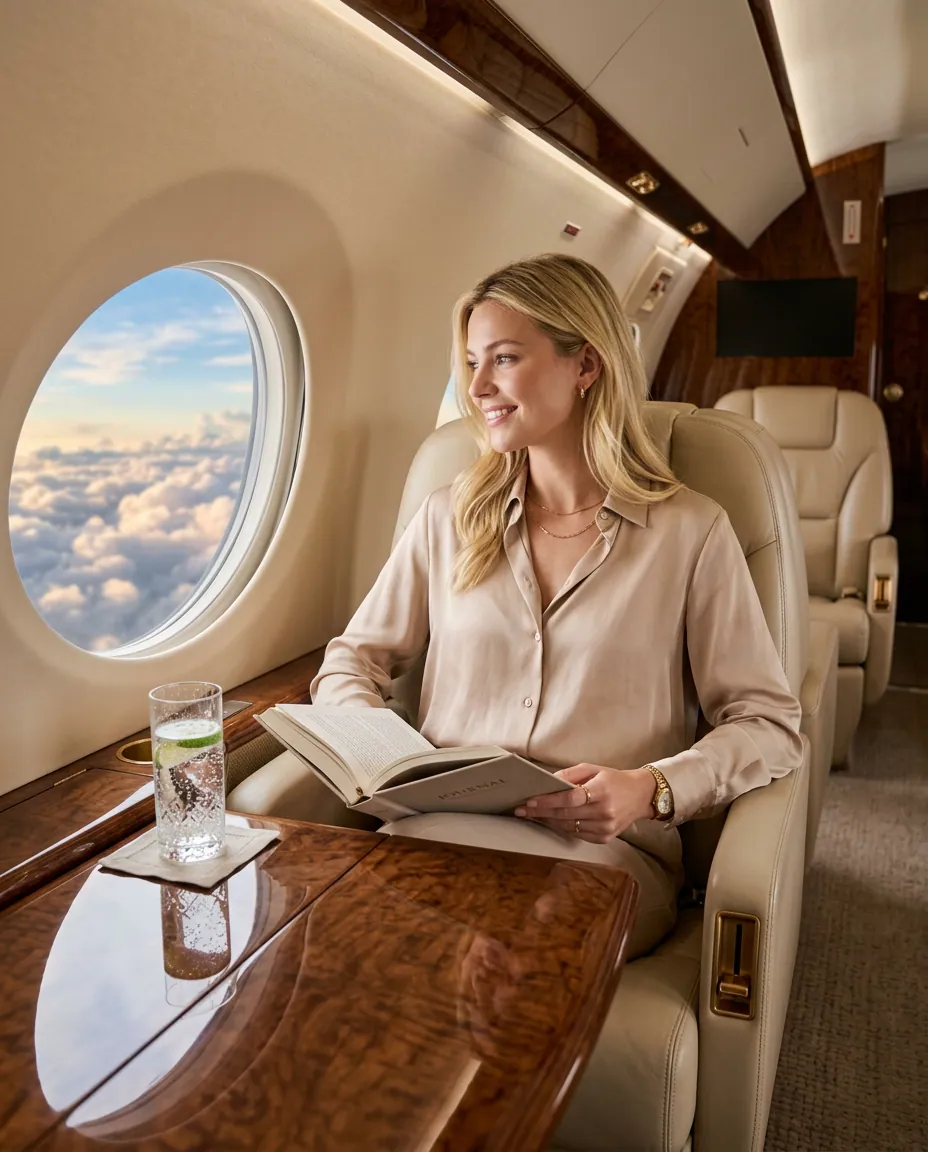 Junge elegante Frau in Privatjet-Kabine über den Wolken