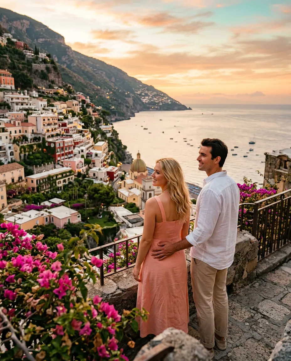 Junges Paar auf einer Terrasse über Positano bei Sonnenuntergang