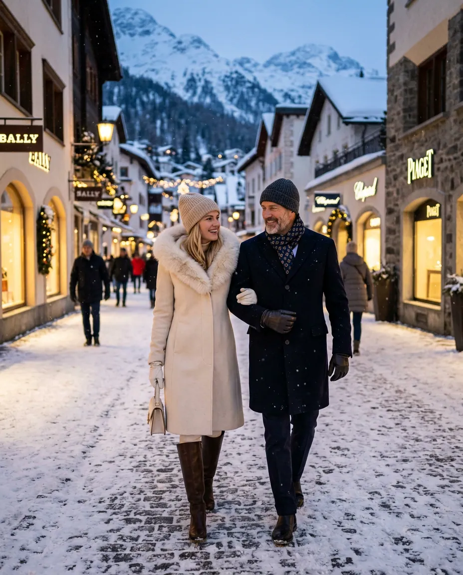 Elegantes Paar beim Spaziergang in St. Moritz im Winter