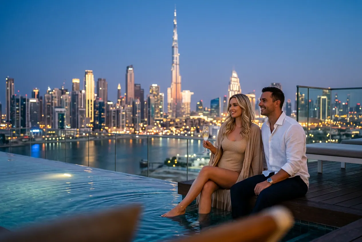 Dachterrasse in Dubai mit junger Frau und Gentleman vor der Skyline