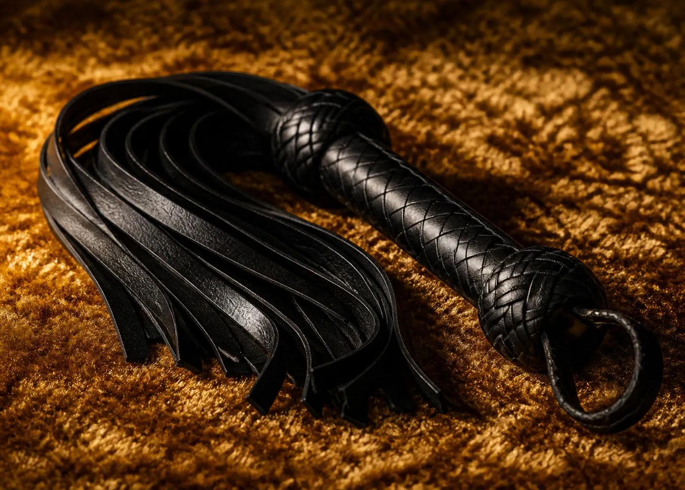 Leder-Flogger auf goldenem Teppich – Domina Escort