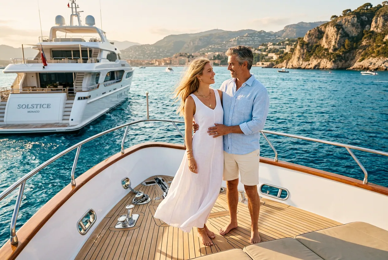 Elegantes Paar auf dem Bug einer Superyacht an der Côte d'Azur