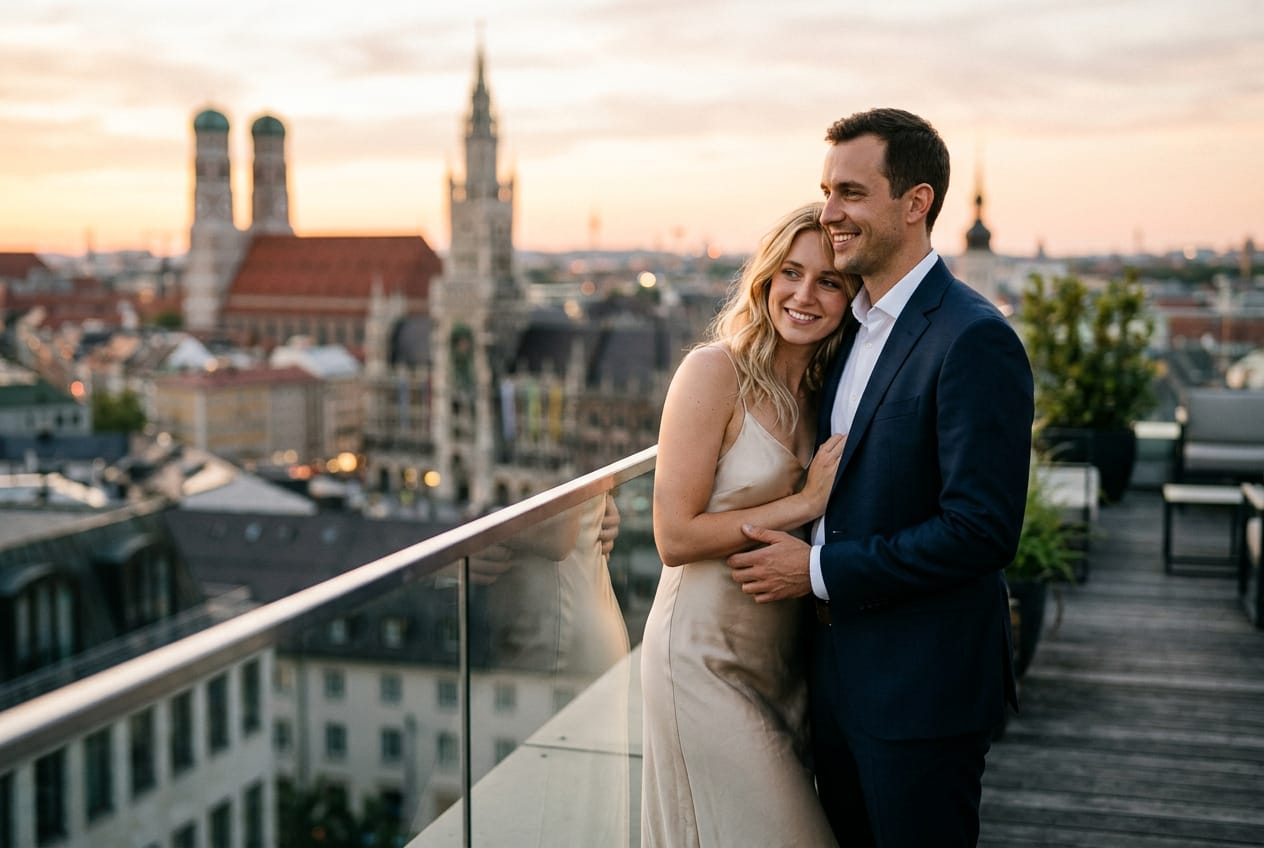 Girlfriend Experience München — elegantes Paar auf Rooftop-Terrasse bei goldener Stunde