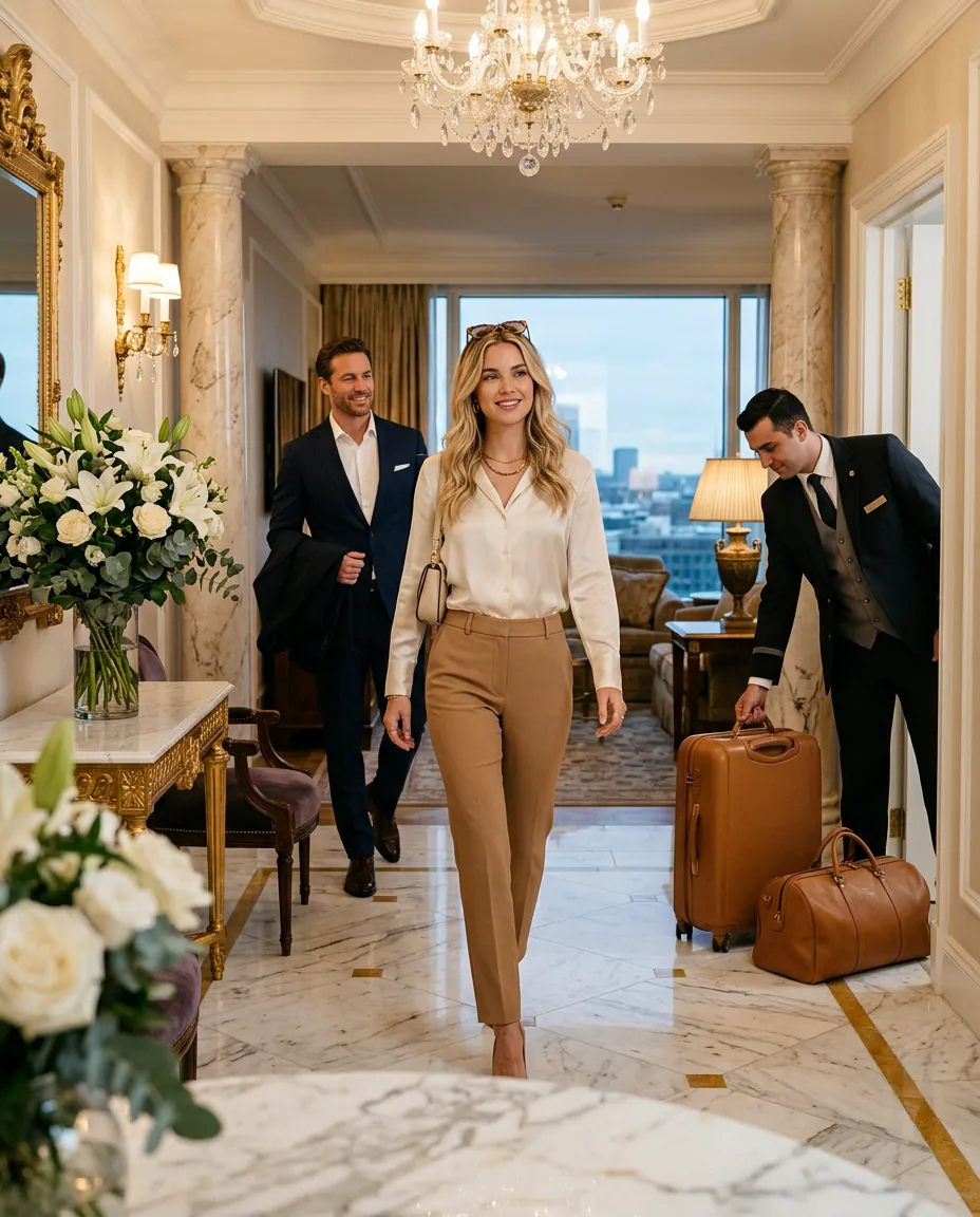 Elegante junge Frau und Gentleman bei der Ankunft in einer luxuriösen Hotelsuite