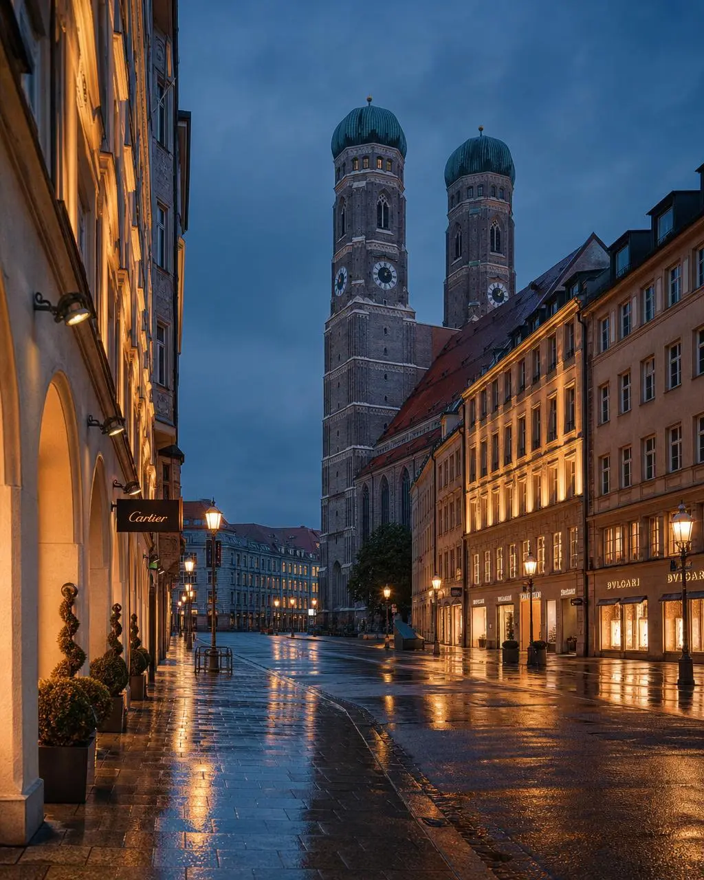 Frauenkirche und Maximilianstraße München bei blauer Stunde – Escort Service Standort