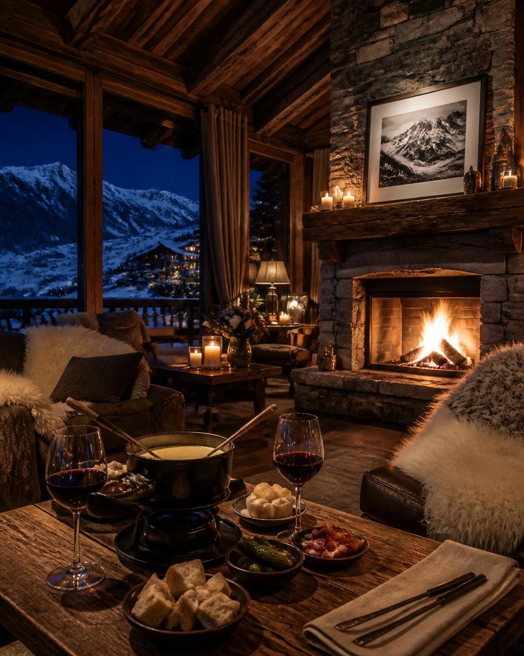 Chalet-Kaminabend mit Fondue – Reisebegleitung Alpen
